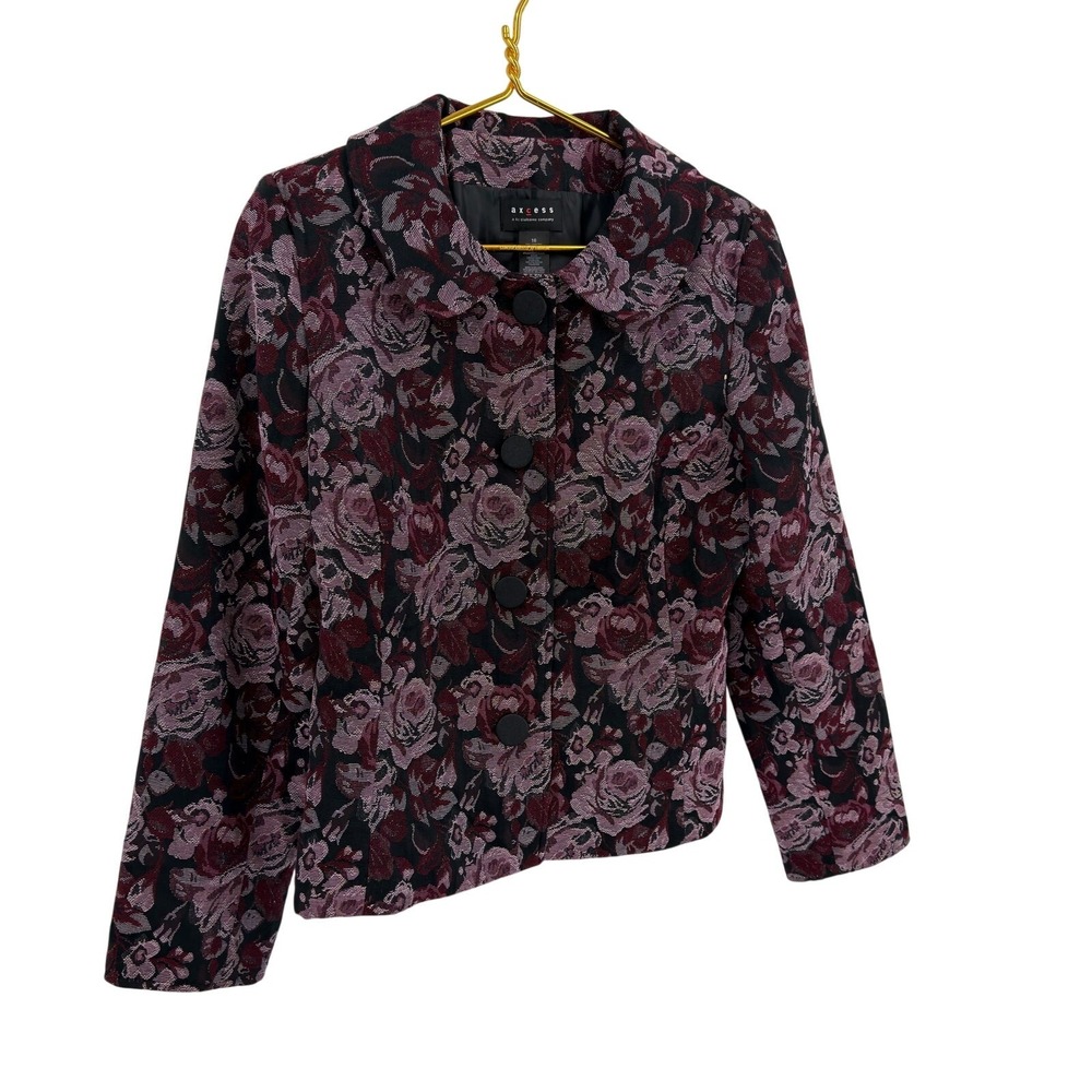 Axcess Floral Tapestry Blazer Jacket Women 16 Burgundy Black